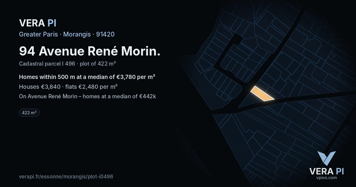 94 Avenue René Morin, Morangis at night – the plot lit, the parcels around coloured by the prices near them