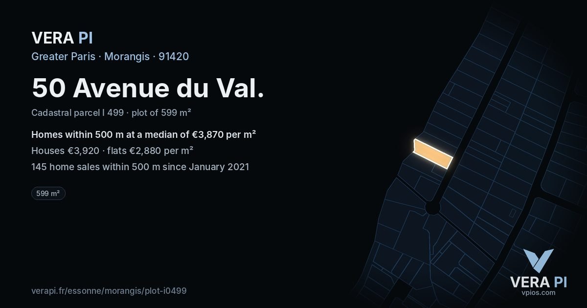 50 Avenue du Val, Morangis at night – the plot lit, the parcels around coloured by the prices near them