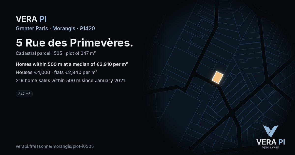 5 Rue des Primevères, Morangis at night – the plot lit, the parcels around coloured by the prices near them