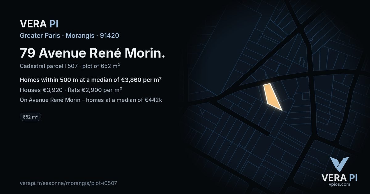 79 Avenue René Morin, Morangis at night – the plot lit, the parcels around coloured by the prices near them