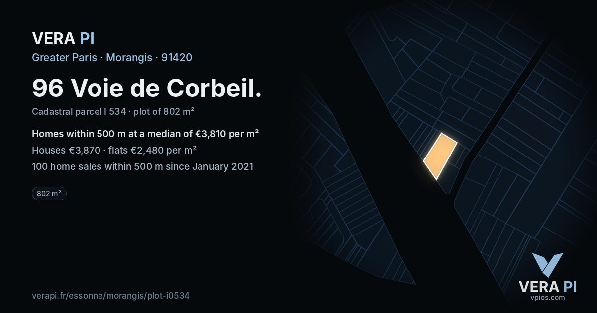 96 Voie de Corbeil, Morangis at night – the plot lit, the parcels around coloured by the prices near them