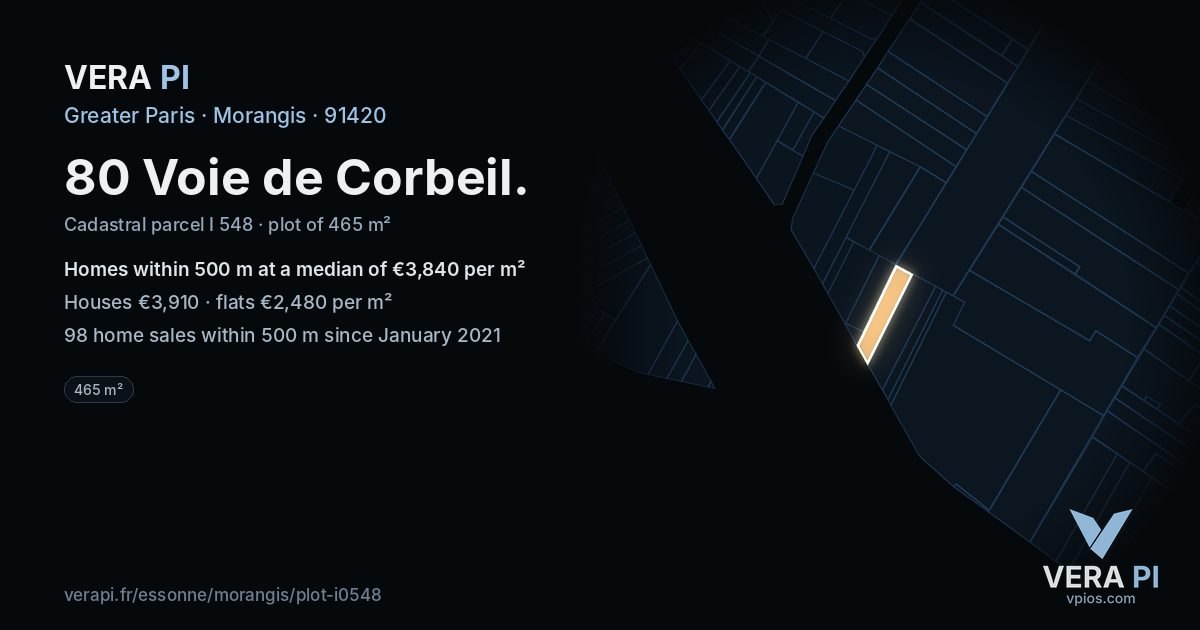 80 Voie de Corbeil, Morangis at night – the plot lit, the parcels around coloured by the prices near them
