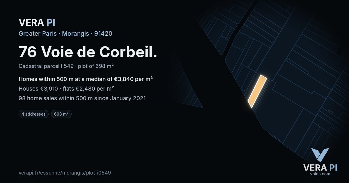 76 Voie de Corbeil, Morangis at night – the plot lit, the parcels around coloured by the prices near them