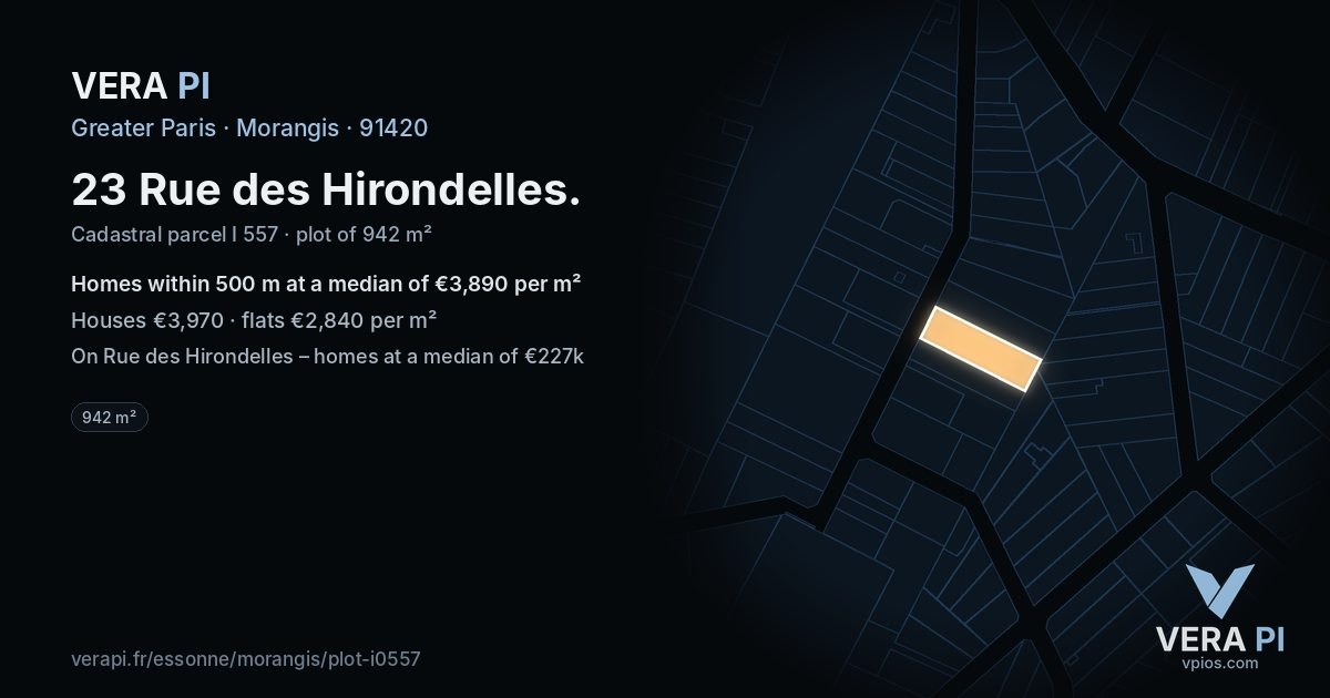 23 Rue des Hirondelles, Morangis at night – the plot lit, the parcels around coloured by the prices near them