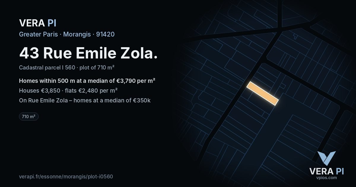43 Rue Emile Zola, Morangis at night – the plot lit, the parcels around coloured by the prices near them