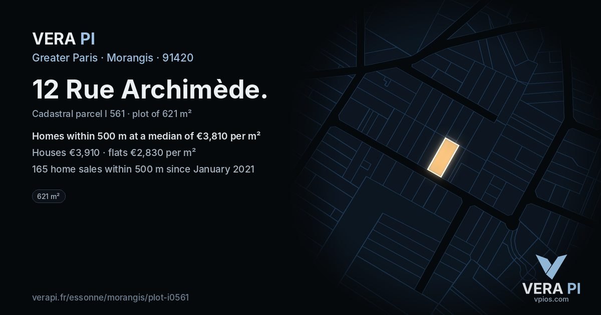 12 Rue Archimède, Morangis at night – the plot lit, the parcels around coloured by the prices near them