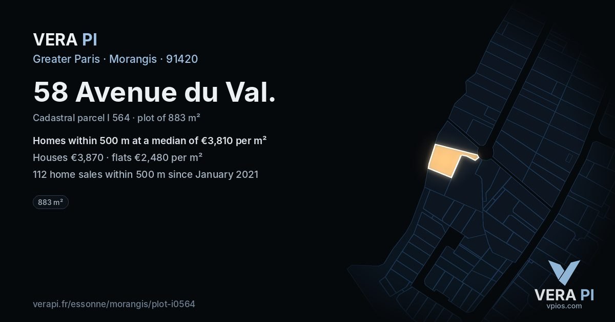 58 Avenue du Val, Morangis at night – the plot lit, the parcels around coloured by the prices near them