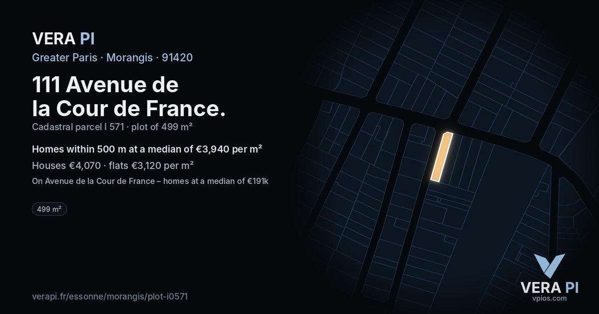 111 Avenue de la Cour de France, Morangis at night – the plot lit, the parcels around coloured by the prices near them