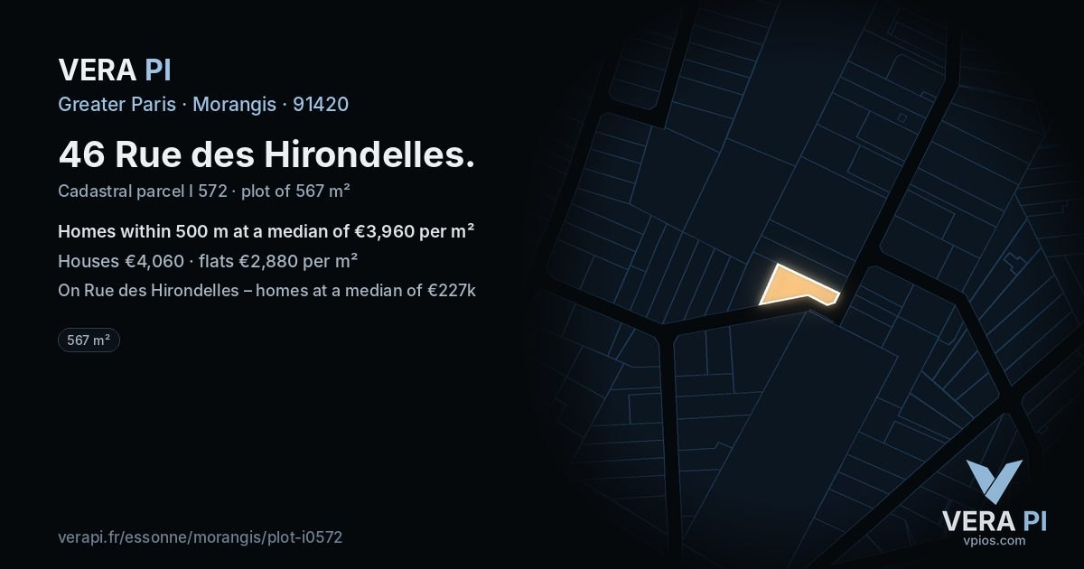 46 Rue des Hirondelles, Morangis at night – the plot lit, the parcels around coloured by the prices near them