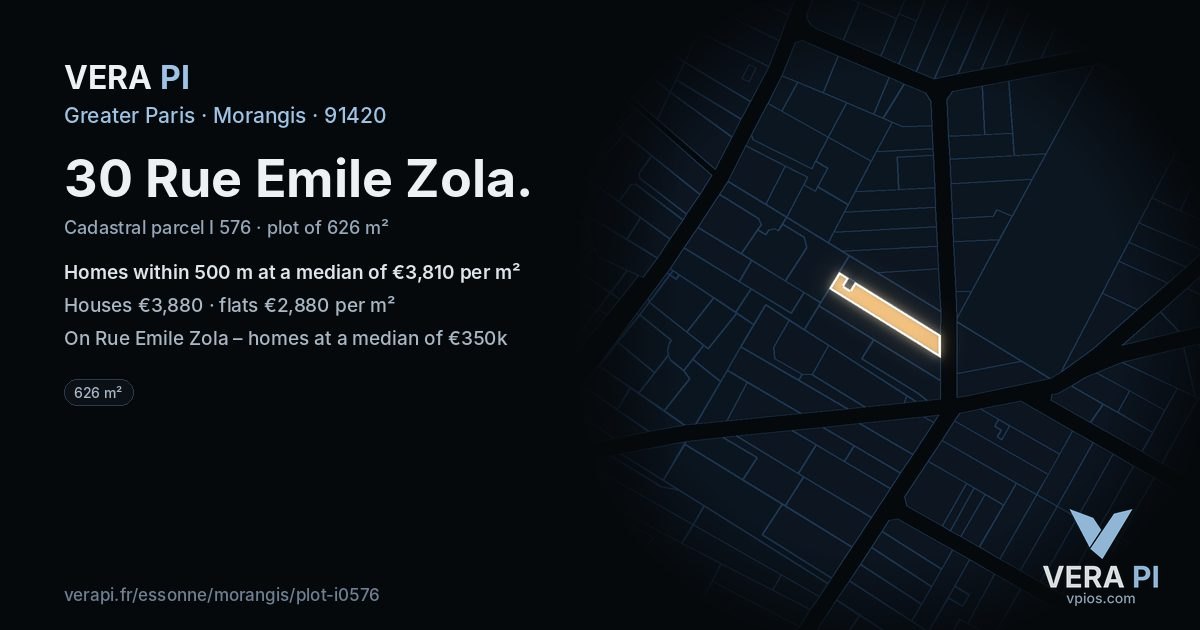 30 Rue Emile Zola, Morangis at night – the plot lit, the parcels around coloured by the prices near them