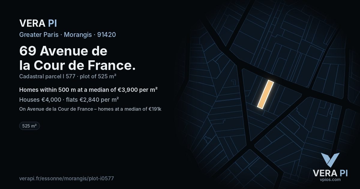 69 Avenue de la Cour de France, Morangis at night – the plot lit, the parcels around coloured by the prices near them
