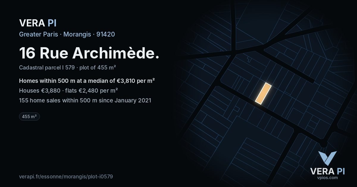 16 Rue Archimède, Morangis at night – the plot lit, the parcels around coloured by the prices near them