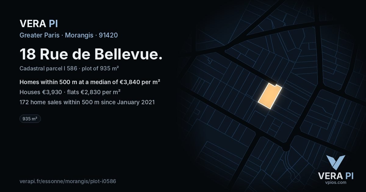 18 Rue de Bellevue, Morangis at night – the plot lit, the parcels around coloured by the prices near them