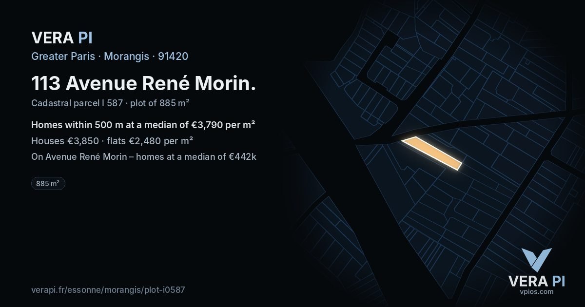 113 Avenue René Morin, Morangis at night – the plot lit, the parcels around coloured by the prices near them