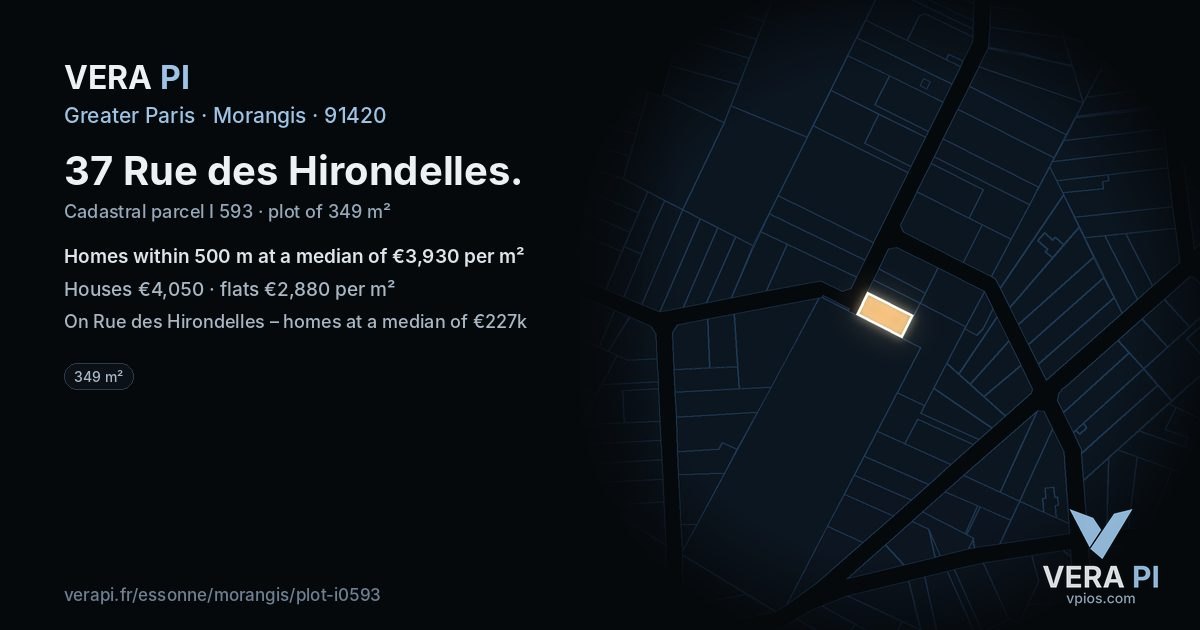 37 Rue des Hirondelles, Morangis at night – the plot lit, the parcels around coloured by the prices near them