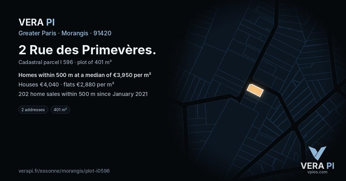 2 Rue des Primevères, Morangis at night – the plot lit, the parcels around coloured by the prices near them