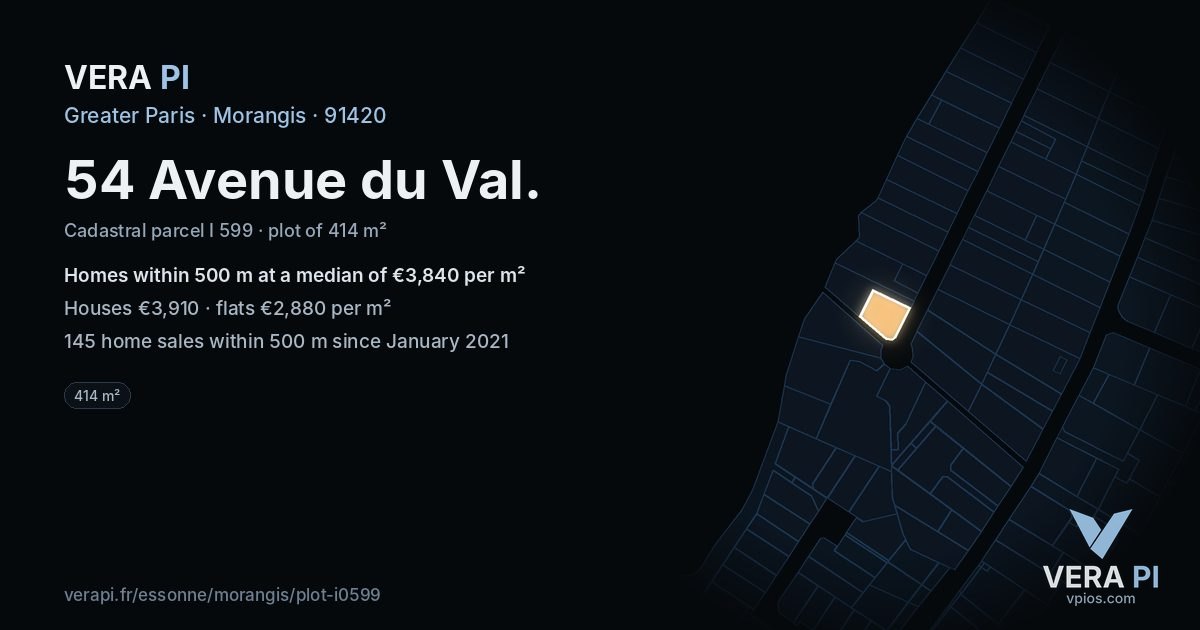 54 Avenue du Val, Morangis at night – the plot lit, the parcels around coloured by the prices near them