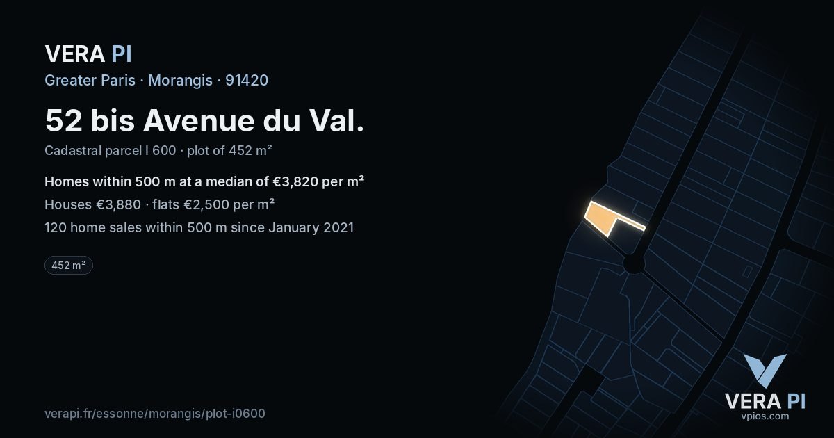 52 bis Avenue du Val, Morangis at night – the plot lit, the parcels around coloured by the prices near them