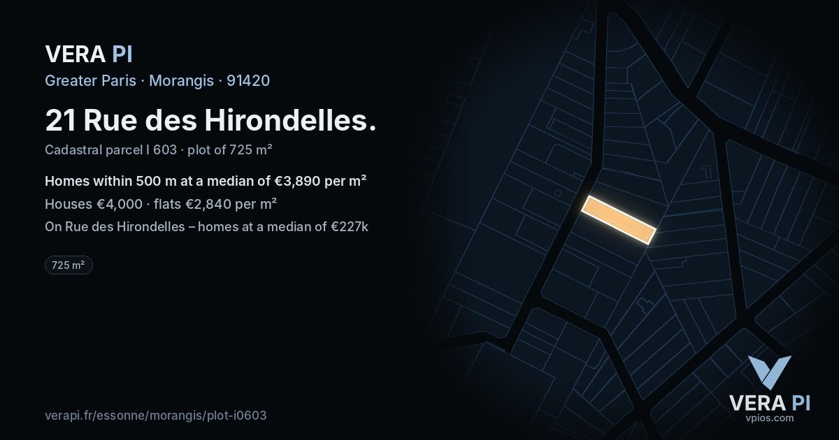 21 Rue des Hirondelles, Morangis at night – the plot lit, the parcels around coloured by the prices near them