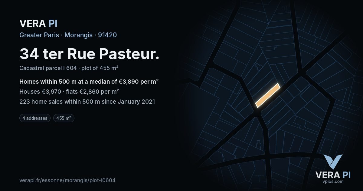 34 ter Rue Pasteur, Morangis at night – the plot lit, the parcels around coloured by the prices near them