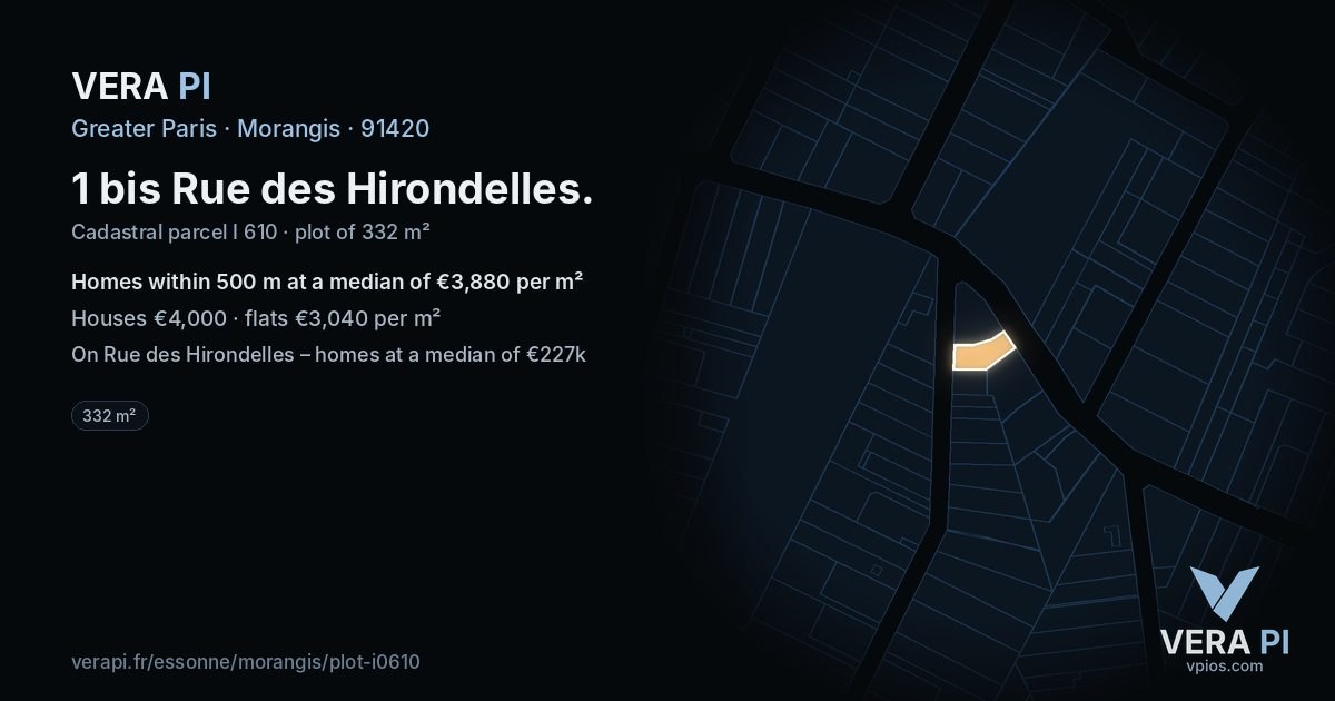 1 bis Rue des Hirondelles, Morangis at night – the plot lit, the parcels around coloured by the prices near them