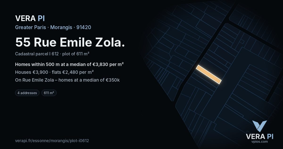 55 Rue Emile Zola, Morangis at night – the plot lit, the parcels around coloured by the prices near them