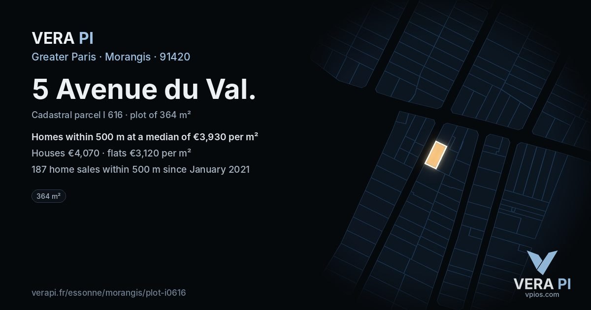 5 Avenue du Val, Morangis at night – the plot lit, the parcels around coloured by the prices near them