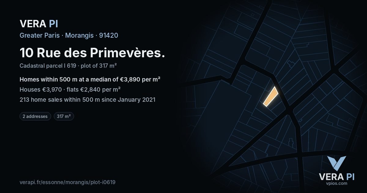 10 Rue des Primevères, Morangis at night – the plot lit, the parcels around coloured by the prices near them