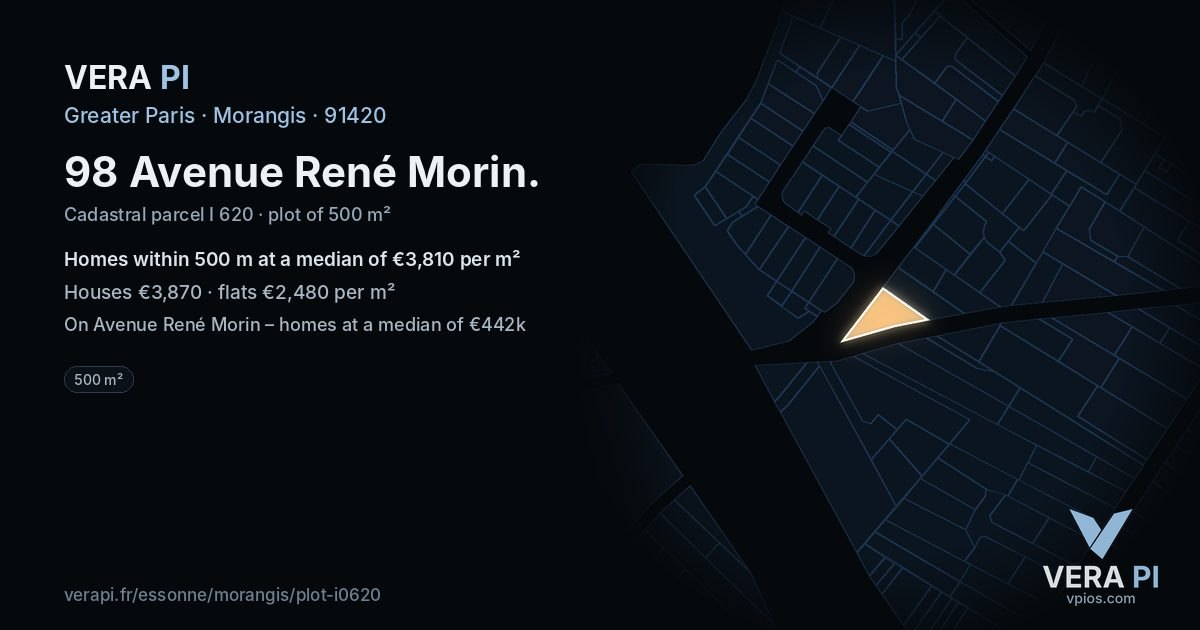 98 Avenue René Morin, Morangis at night – the plot lit, the parcels around coloured by the prices near them