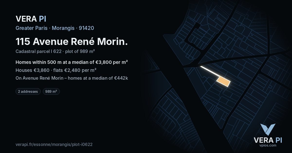 115 Avenue René Morin, Morangis at night – the plot lit, the parcels around coloured by the prices near them