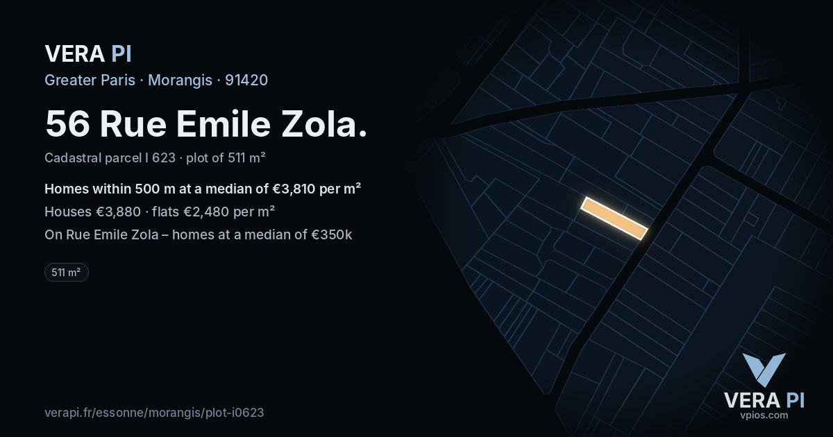 56 Rue Emile Zola, Morangis at night – the plot lit, the parcels around coloured by the prices near them