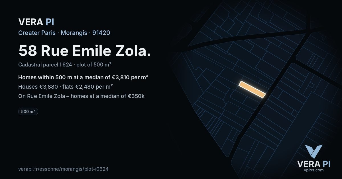 58 Rue Emile Zola, Morangis at night – the plot lit, the parcels around coloured by the prices near them