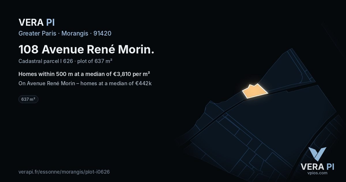 108 Avenue René Morin, Morangis at night – the plot lit, the parcels around coloured by the prices near them