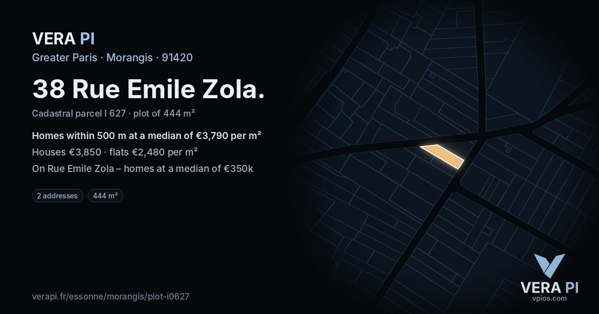 38 Rue Emile Zola, Morangis at night – the plot lit, the parcels around coloured by the prices near them
