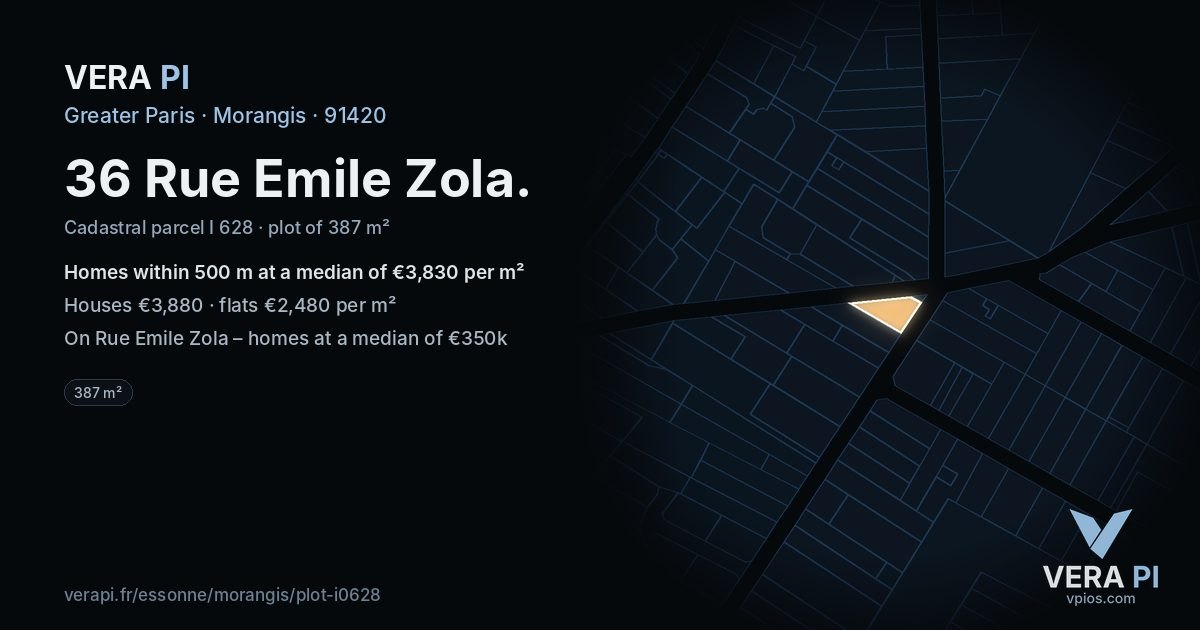 36 Rue Emile Zola, Morangis at night – the plot lit, the parcels around coloured by the prices near them
