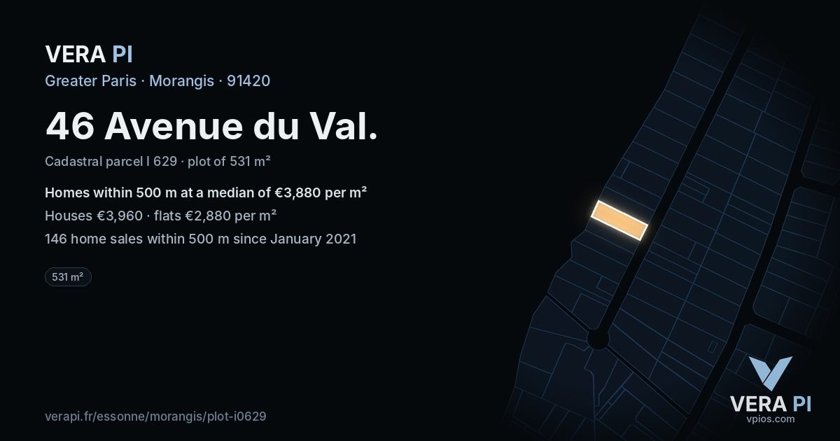 46 Avenue du Val, Morangis at night – the plot lit, the parcels around coloured by the prices near them
