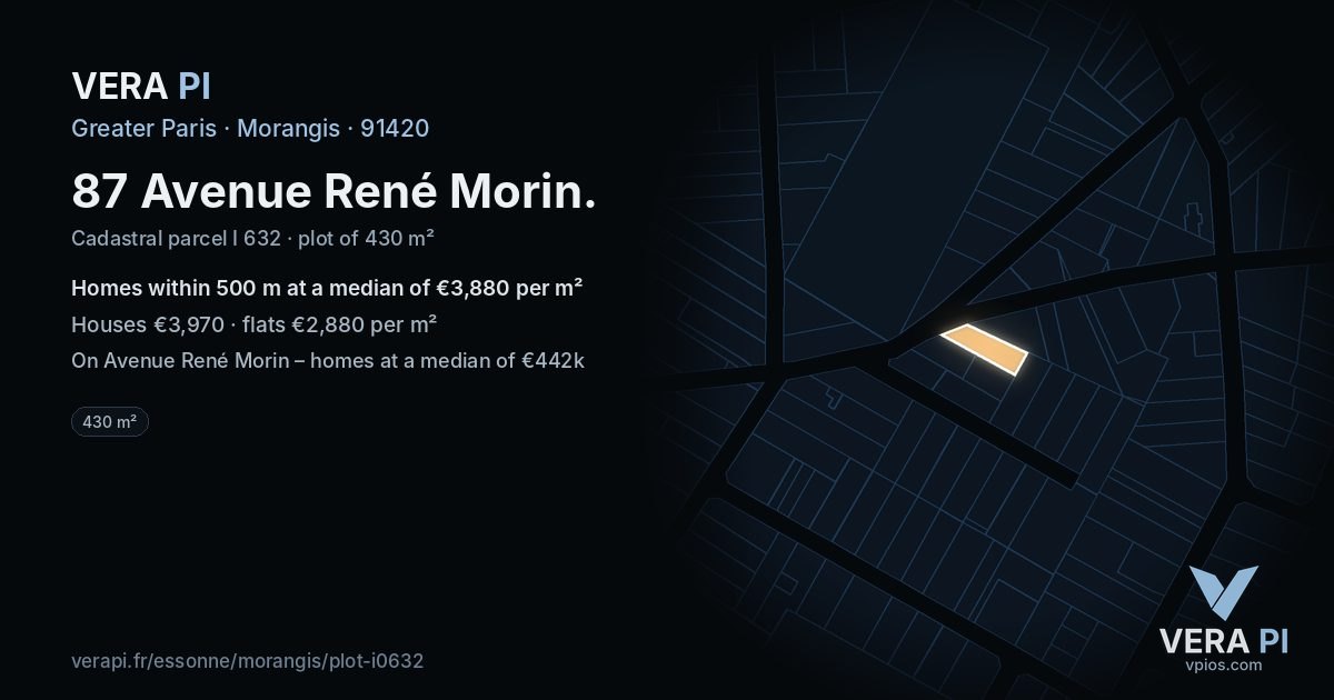 87 Avenue René Morin, Morangis at night – the plot lit, the parcels around coloured by the prices near them