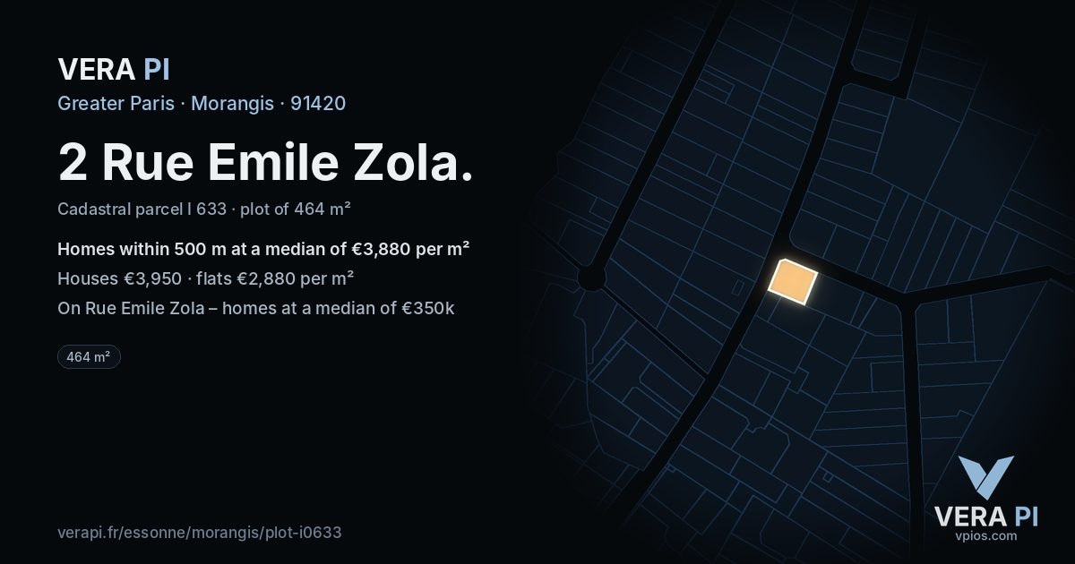 2 Rue Emile Zola, Morangis at night – the plot lit, the parcels around coloured by the prices near them