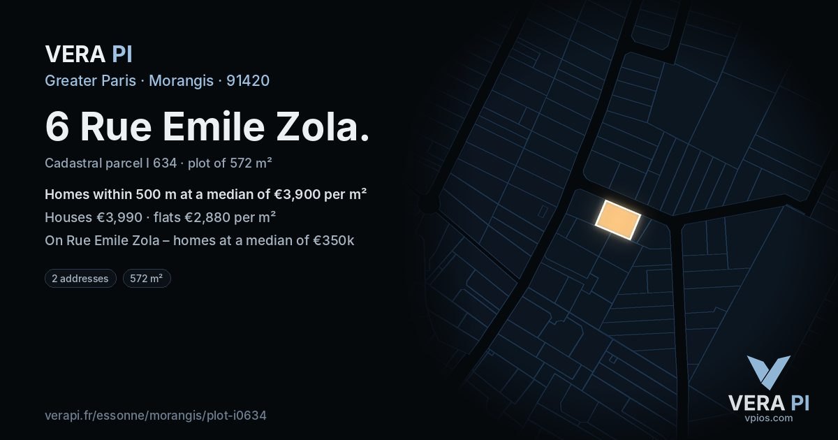 6 Rue Emile Zola, Morangis at night – the plot lit, the parcels around coloured by the prices near them