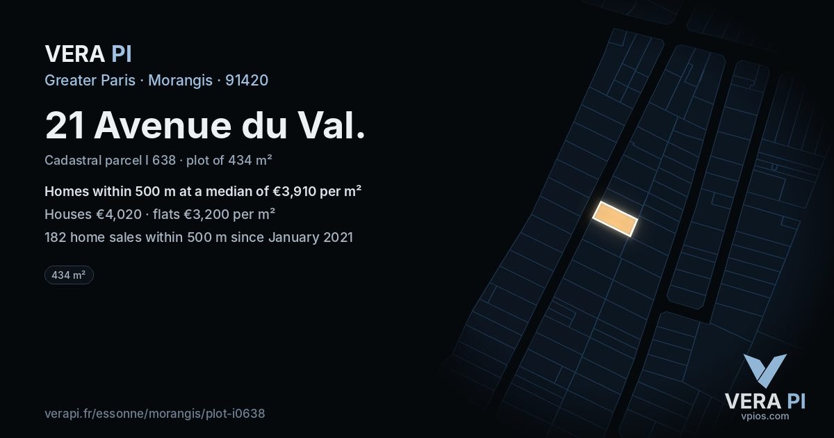 21 Avenue du Val, Morangis at night – the plot lit, the parcels around coloured by the prices near them