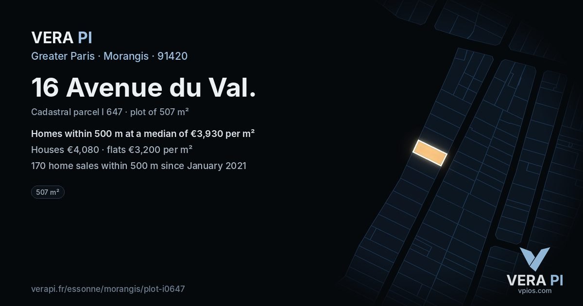 16 Avenue du Val, Morangis at night – the plot lit, the parcels around coloured by the prices near them