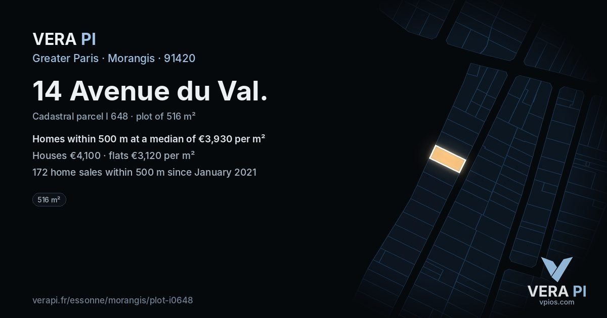 14 Avenue du Val, Morangis at night – the plot lit, the parcels around coloured by the prices near them