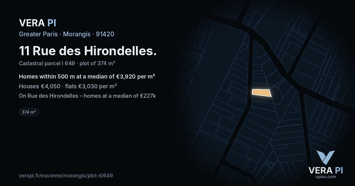 11 Rue des Hirondelles, Morangis at night – the plot lit, the parcels around coloured by the prices near them
