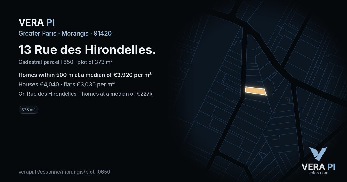 13 Rue des Hirondelles, Morangis at night – the plot lit, the parcels around coloured by the prices near them