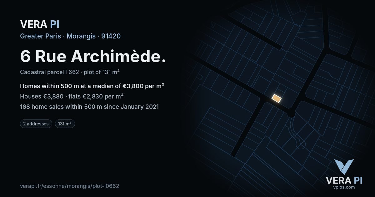 6 Rue Archimède, Morangis at night – the plot lit, the parcels around coloured by the prices near them