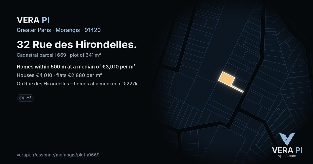 32 Rue des Hirondelles, Morangis at night – the plot lit, the parcels around coloured by the prices near them