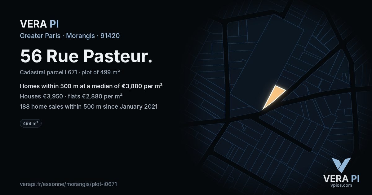 56 Rue Pasteur, Morangis at night – the plot lit, the parcels around coloured by the prices near them