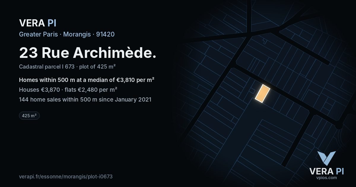 23 Rue Archimède, Morangis at night – the plot lit, the parcels around coloured by the prices near them