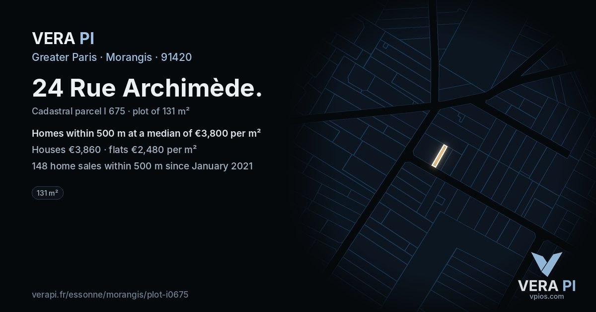 24 Rue Archimède, Morangis at night – the plot lit, the parcels around coloured by the prices near them