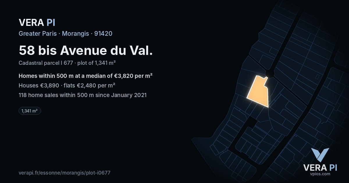58 bis Avenue du Val, Morangis at night – the plot lit, the parcels around coloured by the prices near them